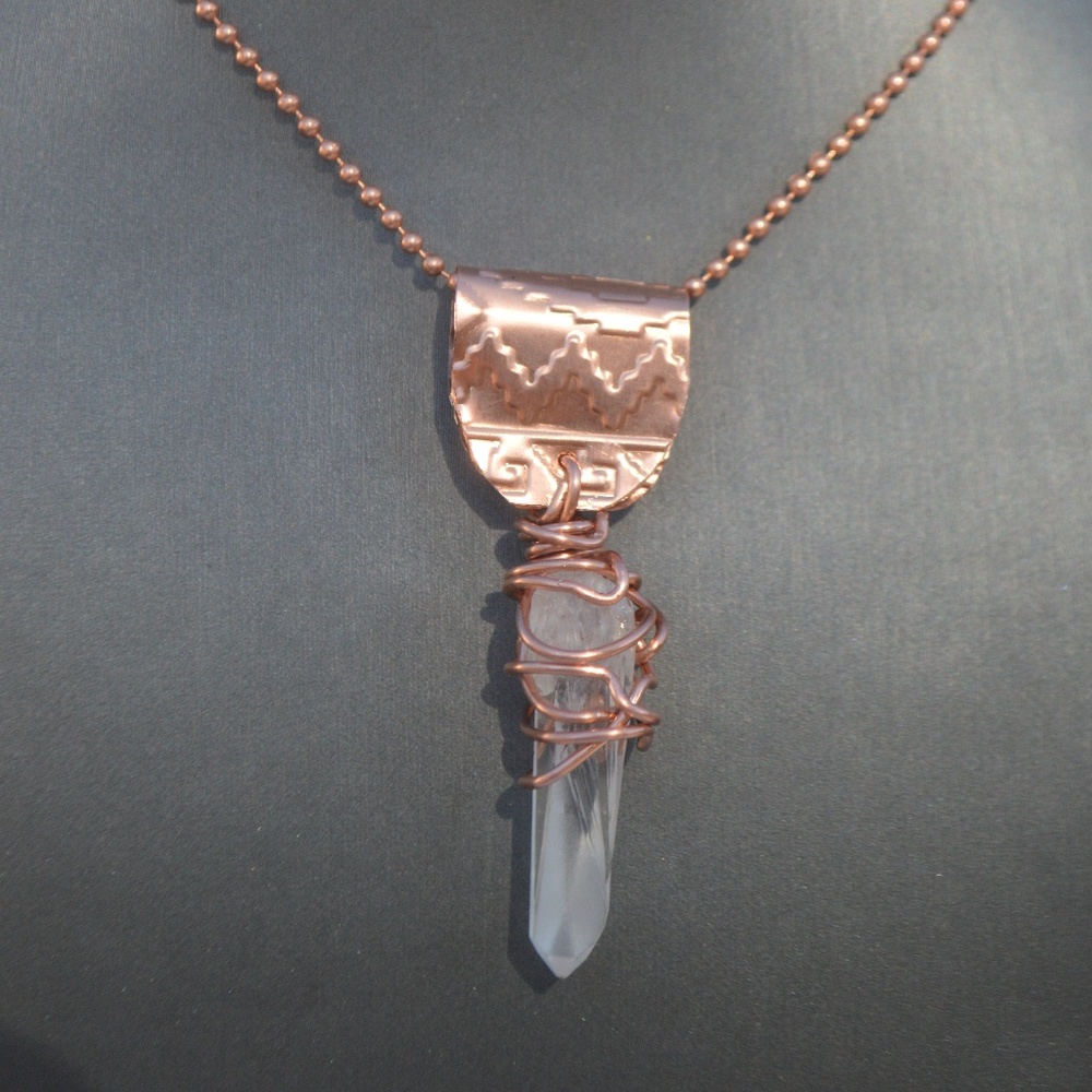 Lemurian Quartz Crystal Copper Choker Pendant Handmade Rustic Wire Wrapped - Picture 7 of 16